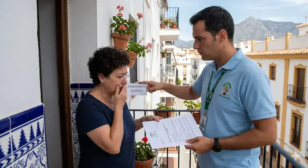Inspector de la Junta de Andalucía notificando sanción por falta de registro a propietaria preocupada en un balcón de Torremolinos, mostrando el documento de multa. Visualización del riesgo de operar sin gestor profesional.