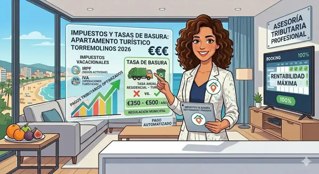 Sira, experta de Torremolinos Gestión Vacacional con su logotipo en la chaqueta, sonríe en un apartamento con vistas al mar en El Bajondillo. Señala un panel holográfico titulado 'IMPUESTOS Y TASAS DE BASURA: APARTAMENTO TURÍSTICO TORREMOLINOS 2026', que muestra la optimización del IRPF/IVA y el coste de la Tasa de Basura Turística (350€ - 500€). Sostiene una tablet que indica 'Impuestos de basura gestionados y pagados'.