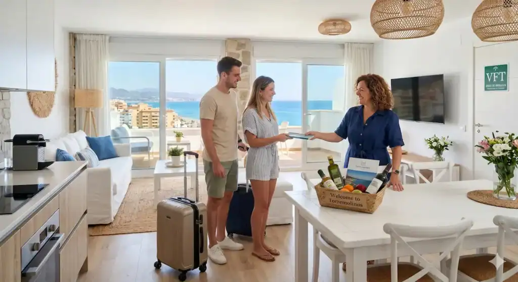 Un kit de bienvenida premium para huéspedes en un apartamento vacacional de lujo en Torremolinos con vistas al mar. Muestra una cesta de bienvenida con productos locales (vino, aceite, frutas) y una nota personal.